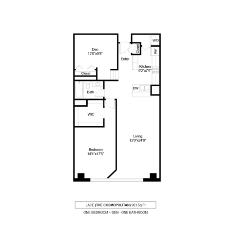 Floor plan for 1 bed, 1 bath, 983 sqft
